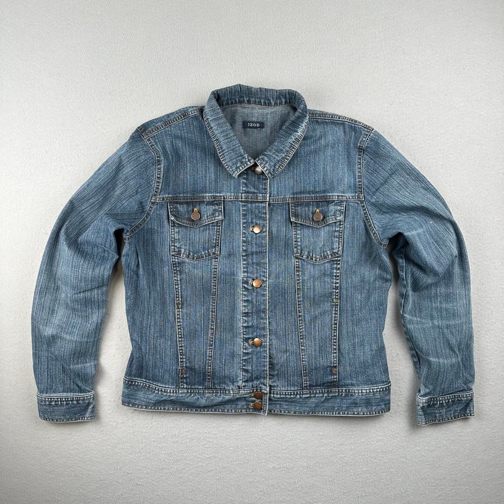 IZOD Denim Jacket Womens Large Blue Button Up Long Sleeve Trucker Jean Coat